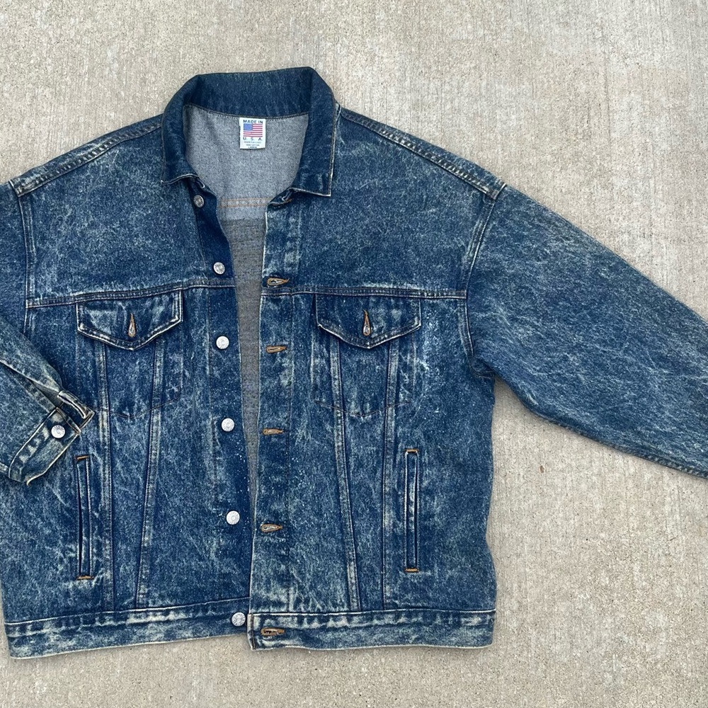 Vintage Men Tyca Denim Jacket Glasurit Embossed Size Large Acid Wash Made USA